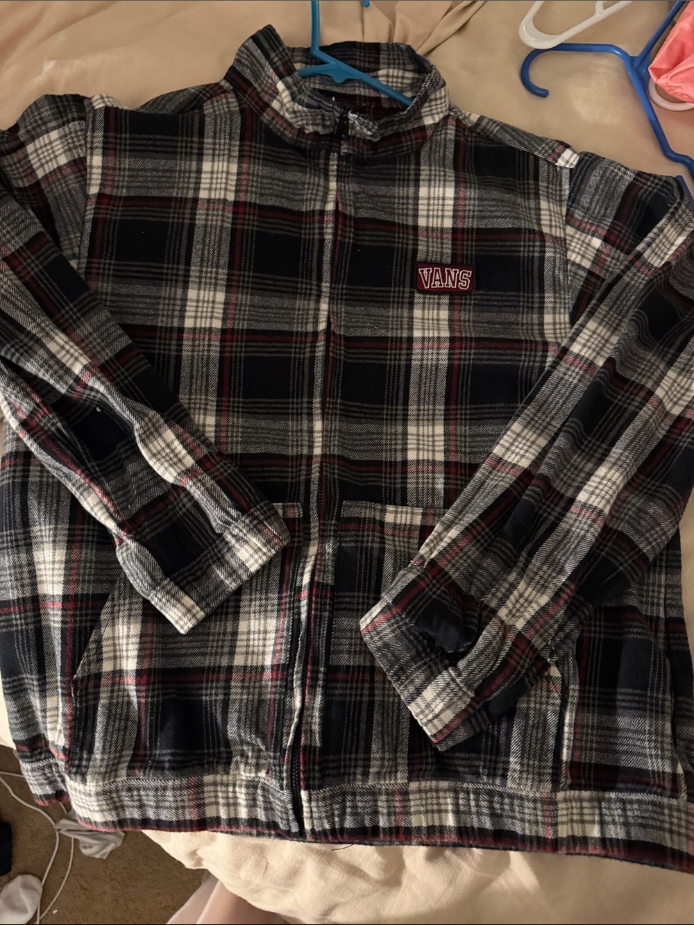 Vans Black, Gray & White Plaid Zip Jacket with Red Trim